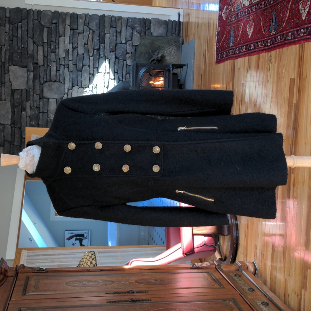 Guess Los Angeles black wool pea coat with gold buttons and zippers...